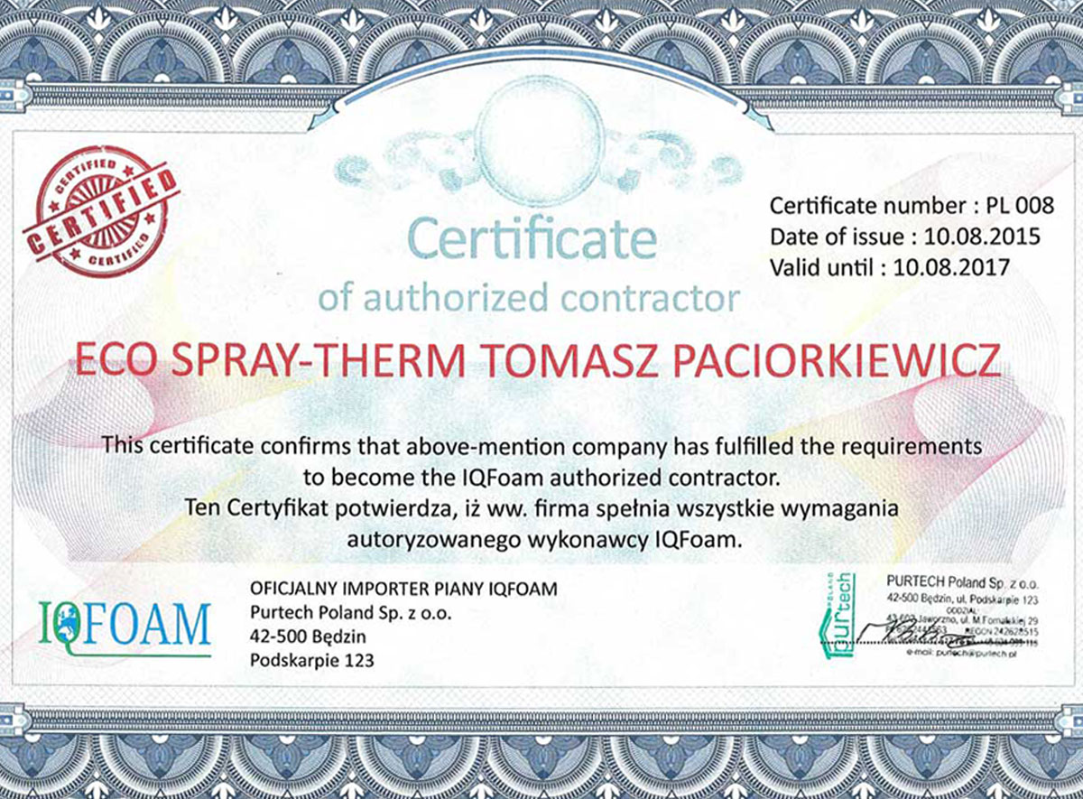 Certyfikat potwierdzający spełnienie wymagań autoryzowanego wykonawcy firmy IQFoam